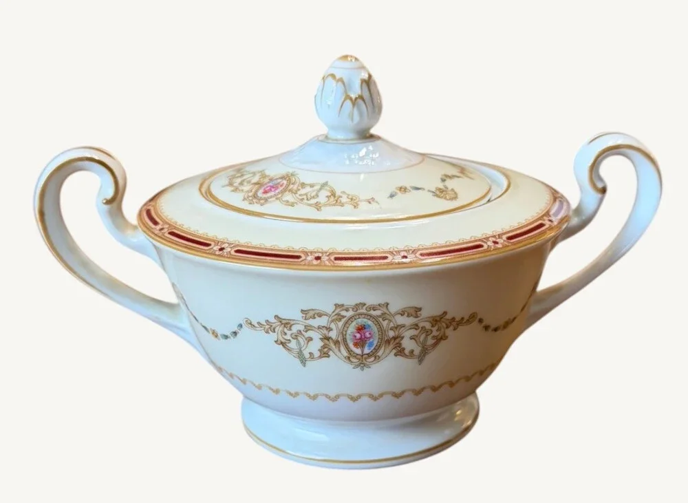 Vintage Noritake N662 Covered Sugar Bowl Floral Medallion Red Mustard Japan
